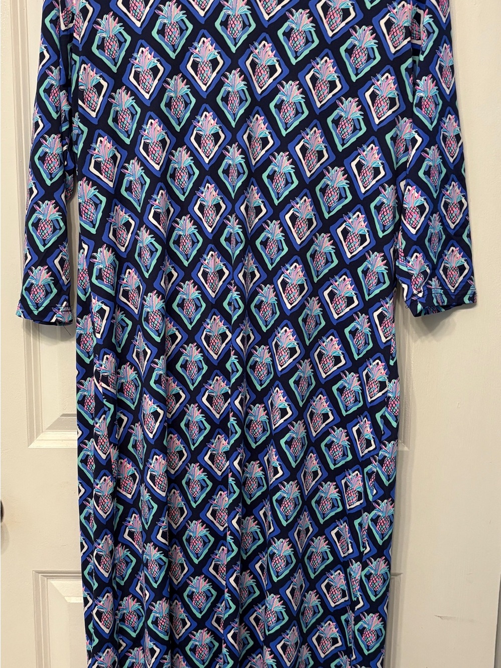 Lulu-B Navy Maxi Dress with Teal & Pink Geometric Pineapple Motif - Picture 4 of 4